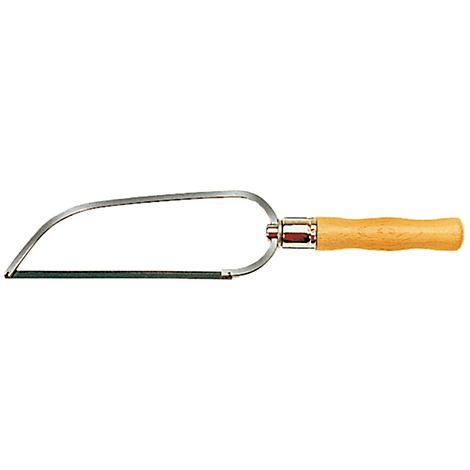 Coping saw with wooden handle and metal bow. The bow is curved and holds the saw blade.