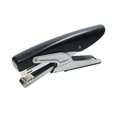 Schwarzer Tacker aus Metall und Kunststoff. Grauer Hebel, schwarzer Griff.