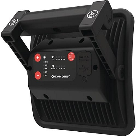 Schwarzer LED-Arbeitsscheinwerfer mit Griff und Bedienfeld. Rote Tasten, Logos, Skala für Batteriestatus. Scangrip.