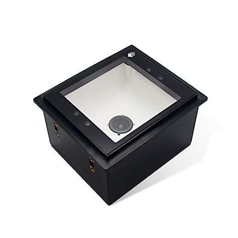 Scanner de code-barres noir avec verre carré, éclairage intérieur et haut-parleur.