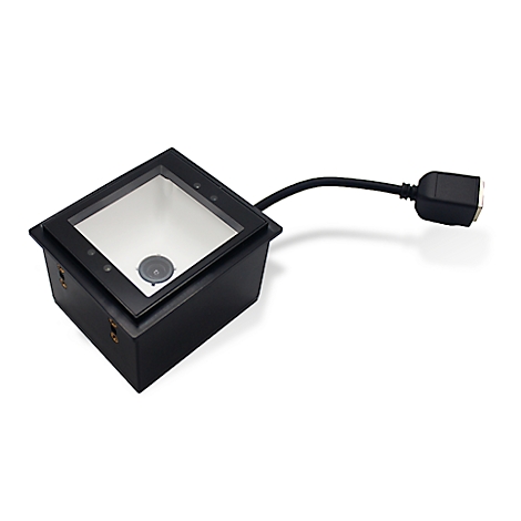 Scanner de codes-barres noir de forme carrée avec un câble attaché.