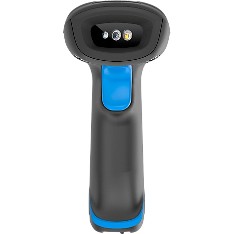Scanner portable gris et noir avec gâchette et accents bleus.