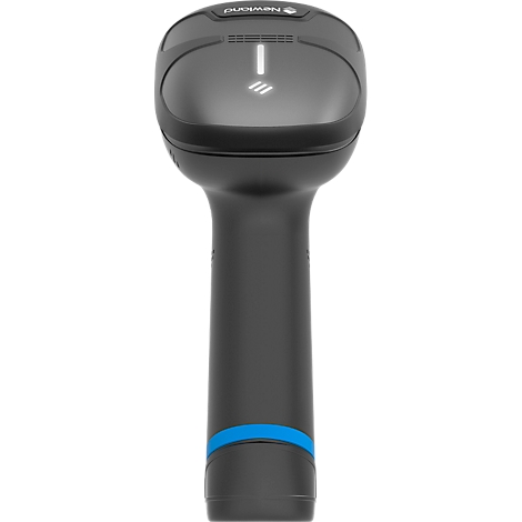 Scanner portable noir avec bande bleue sur la poignée. Haut avec logo blanc et champ de numérisation.