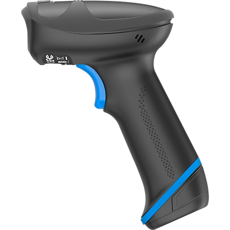 Scanner de codes-barres noir avec gâchette et accents bleus.