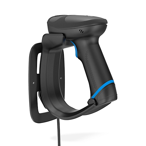 Scanner de code-barres noir dans un support avec un accent bleu. Le support est monté sur le mur, un câble descend.