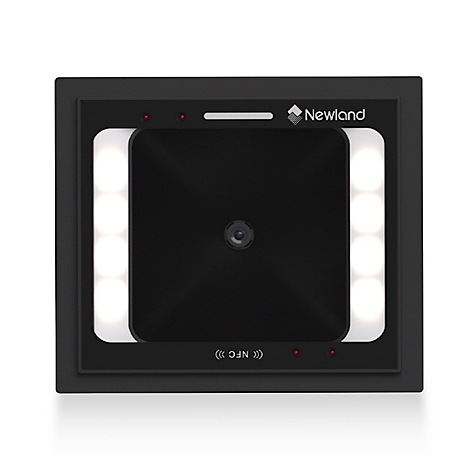 Scanner de code-barres noir avec un cadre blanc attaché à un câble noir.