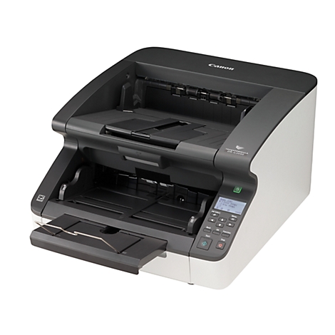 Un scanner Canon, noir et blanc. Le couvercle est ouvert, plusieurs commandes sont visibles.