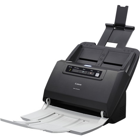 Scanner de documents Canon noir, vue de dessus. Avec alimentation papier ouverte et panneau de commande.