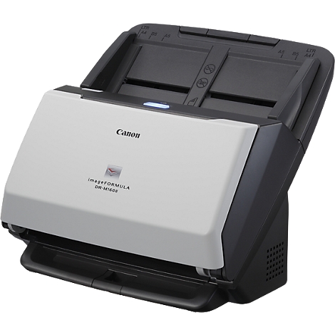 Un scanner Canon blanc et noir. Inscription : Canon, imageFORMULA DR-M160II. Rabat supérieur ouvert.