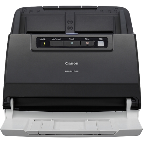 Un scanner de documents Canon noir avec le bac d'alimentation ouvert. Le panneau de commande indique "Canon DR-M160II".