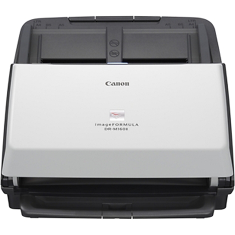 Un scanner de documents Canon blanc et noir vu d'en haut, avec son capot de numérisation ouvert. Au-dessus, le logo Canon, en dessous, on peut lire 'imageFORMULA DR-M160II'.