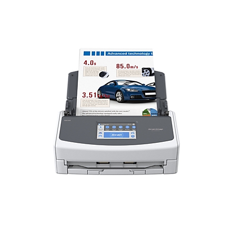 Un scanner gris avec une feuille de papier insérée, représentant une limousine bleue.