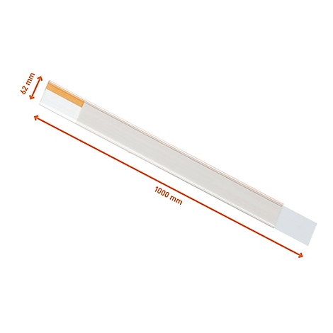 Langgestrecktes, weißes Produkt mit orangefarbenem Akzent. 1000 mm lang, 62 mm breit. Messangaben mit orangenen Linien.
