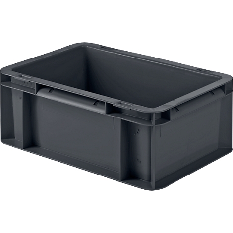 Dark gray plastic box. Rectangular shape with grip recesses, empty.