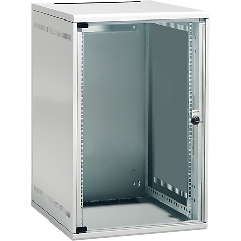 A white server cabinet with a glass pane. The door is open, offering a view inside.