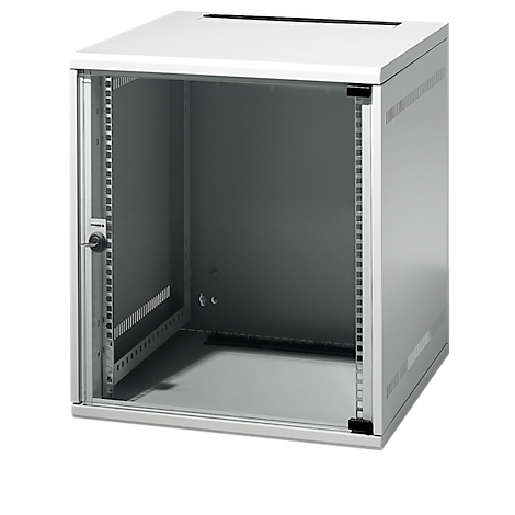 A gray server cabinet, the transparent door is open.