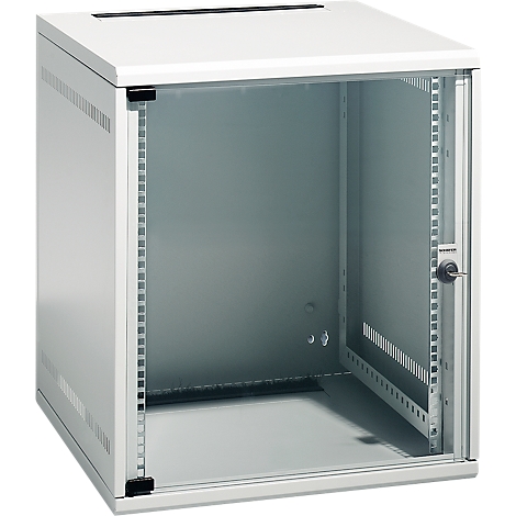 Open white server cabinet. A cabinet with a glass door and lock, viewed from the inside.
