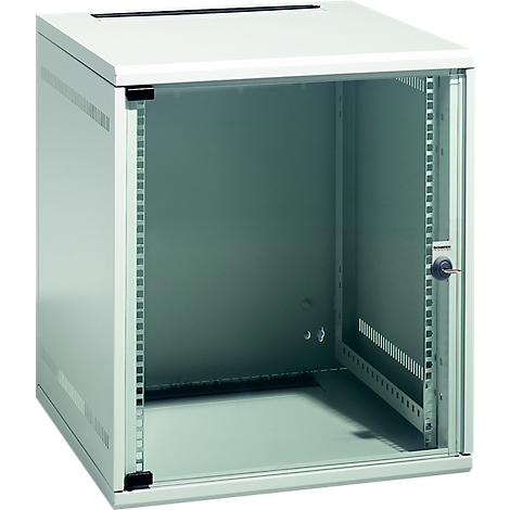 Grey server rack with glass door, open. A series of holes can be seen on the sides, designed for mounting equipment.