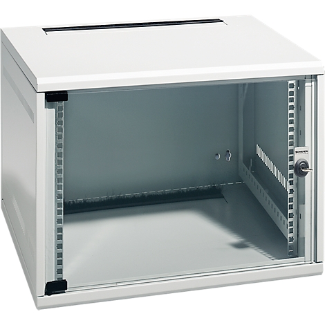 White server cabinet with glass front, open. The cabinet has a keyhole and ventilation slots at the top.
