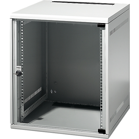 White, open server rack cabinet with glass front, silver inner walls, and a key lock.