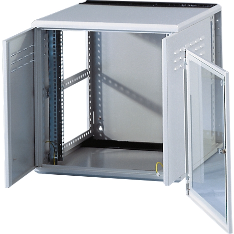 Open grey server cabinet with glass door. Internal rails. Yellow cable.