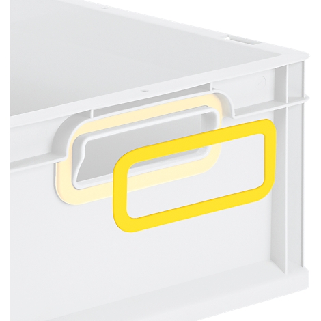 Gros plan sur un bac en plastique blanc avec un porte-étiquette jaune vif sur la poignée.
