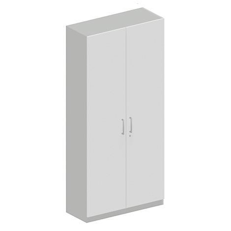 Un armario blanco con dos puertas y tiradores.