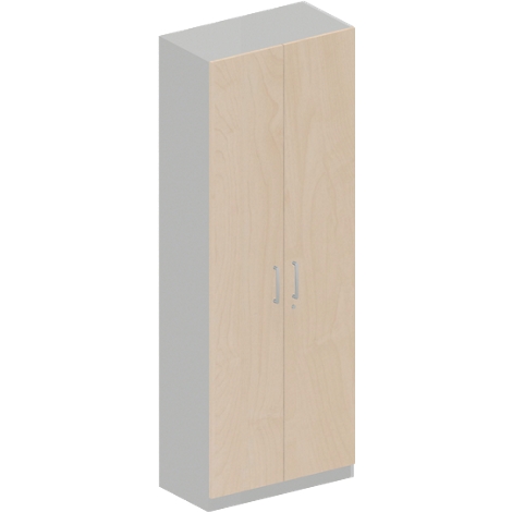 Armario con dos puertas y tiradores plateados. Aspecto de madera, marrón claro. Marco gris.