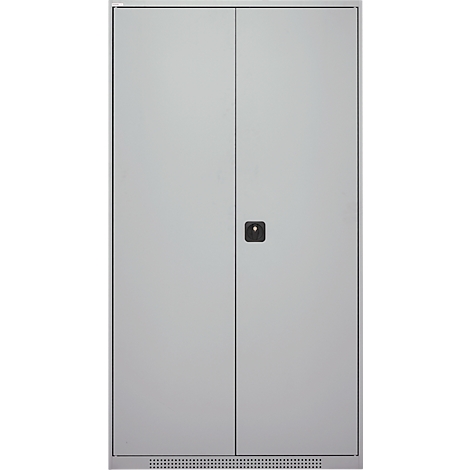 Armoire en acier grise fermée avec deux portes et une poignée noire. Fentes de ventilation en bas.
