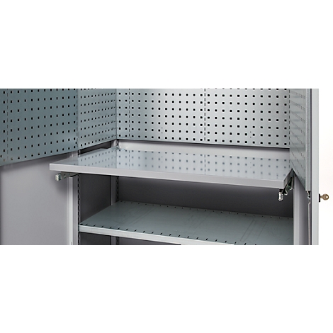 Armoire à outils grise ouverte avec panneau perforé et étagères.