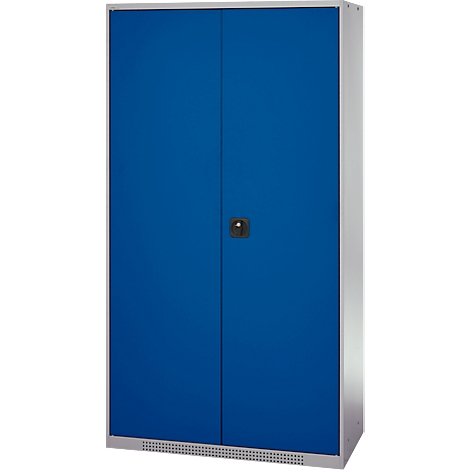 Armoire en acier bleue, à 2 portes, avec côtés argentés et poignée noire.