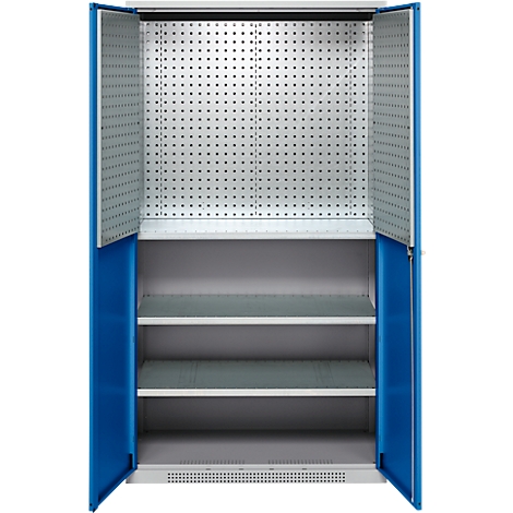 Armoire d'atelier ouverte avec portes peintes en bleu et intérieur gris.