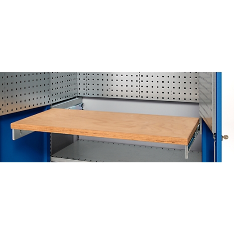 Une armoire à outils bleue ouverte avec une étagère en bois brun clair étendue.