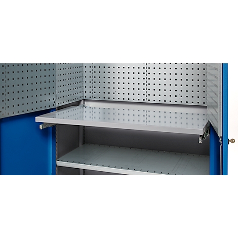 Armoire à outils bleue, étagères gris-métallique, panneau arrière perforé, détails.