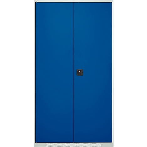 Casier bleu à deux portes et un petit bouton. Le casier est entouré d'un cadre blanc.