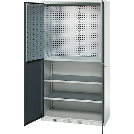 Armoire en acier ouverte avec panneau arrière perforé et plusieurs étagères. Une porte est ouverte.