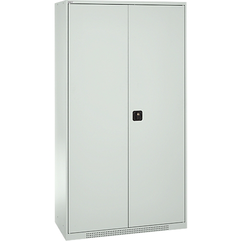 Armoire métallique grise à deux portes et une poignée noire.