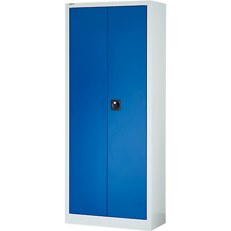 Une armoire blanche avec des portes bleues et une poignée de porte noire.