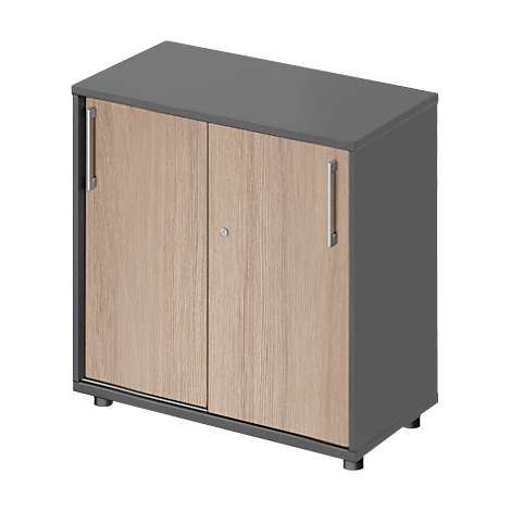 Un meuble gris avec des portes en bois, des poignées et des pieds en métal.