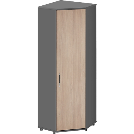 Armoire d'angle avec côtés anthracite et porte aspect bois clair.