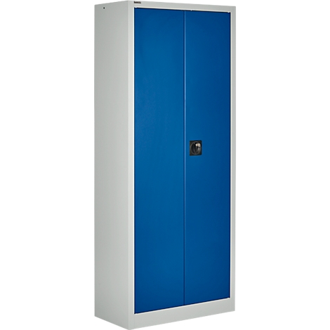 Une armoire en acier avec des côtés blancs et des portes bleues. Une poignée est au milieu.