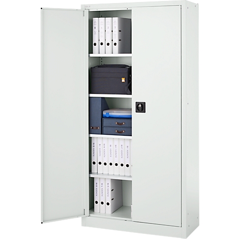 Classeur gris clair avec porte ouverte. À l'intérieur de l'armoire, on peut voir des dossiers, des documents et d'autres fournitures de bureau.