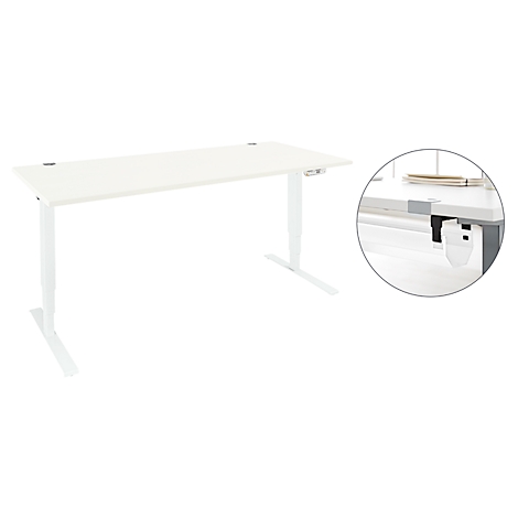 Un bureau blanc réglable en hauteur avec des détails; un système de gestion des câbles dans le détail du cercle.