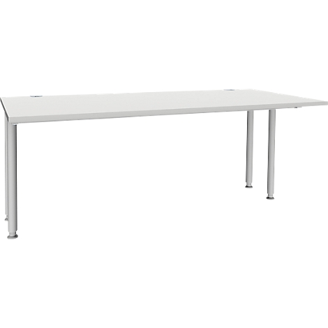 Bureau blanc à quatre pieds. Le plateau est rectangulaire, les pieds cylindriques.