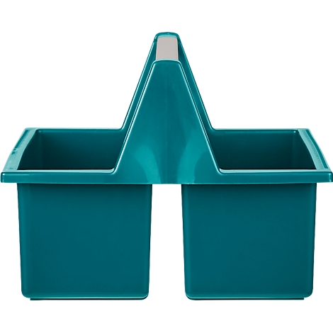 Bac à outils turquoise avec poignée, deux compartiments et poignée gris clair. Il se dresse sur un fond blanc.