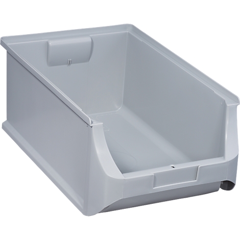 Un contenedor de almacenamiento de plástico gris vacío con frente abierto.