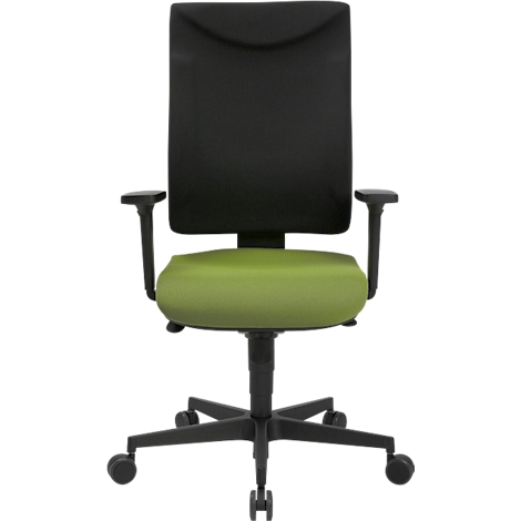 Chaise de bureau avec dossier et accoudoirs noirs, assise verte et base noire avec roulettes.