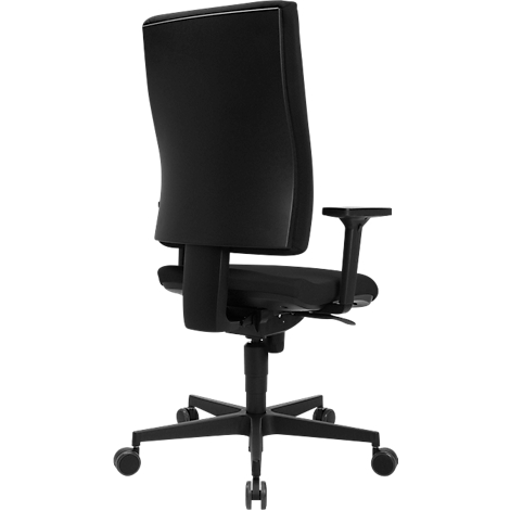 Chaise de bureau noire, dossier incurvé, accoudoirs et cinq roulettes.