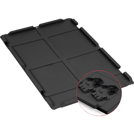 Plaque rectangulaire en plastique noir à quatre segments avec un gros plan mis en évidence des connexions à clip.