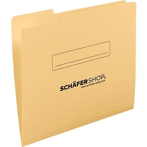 Hellbraune Aktenmappe mit rechteckigem Feld zum Beschriften und Logo. Aufschrift: SCHÄFERSHOP.